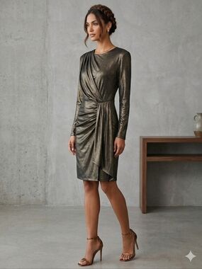 Vince Camuto Metallic Gold Long-Sleeve Draped Sheath Dress